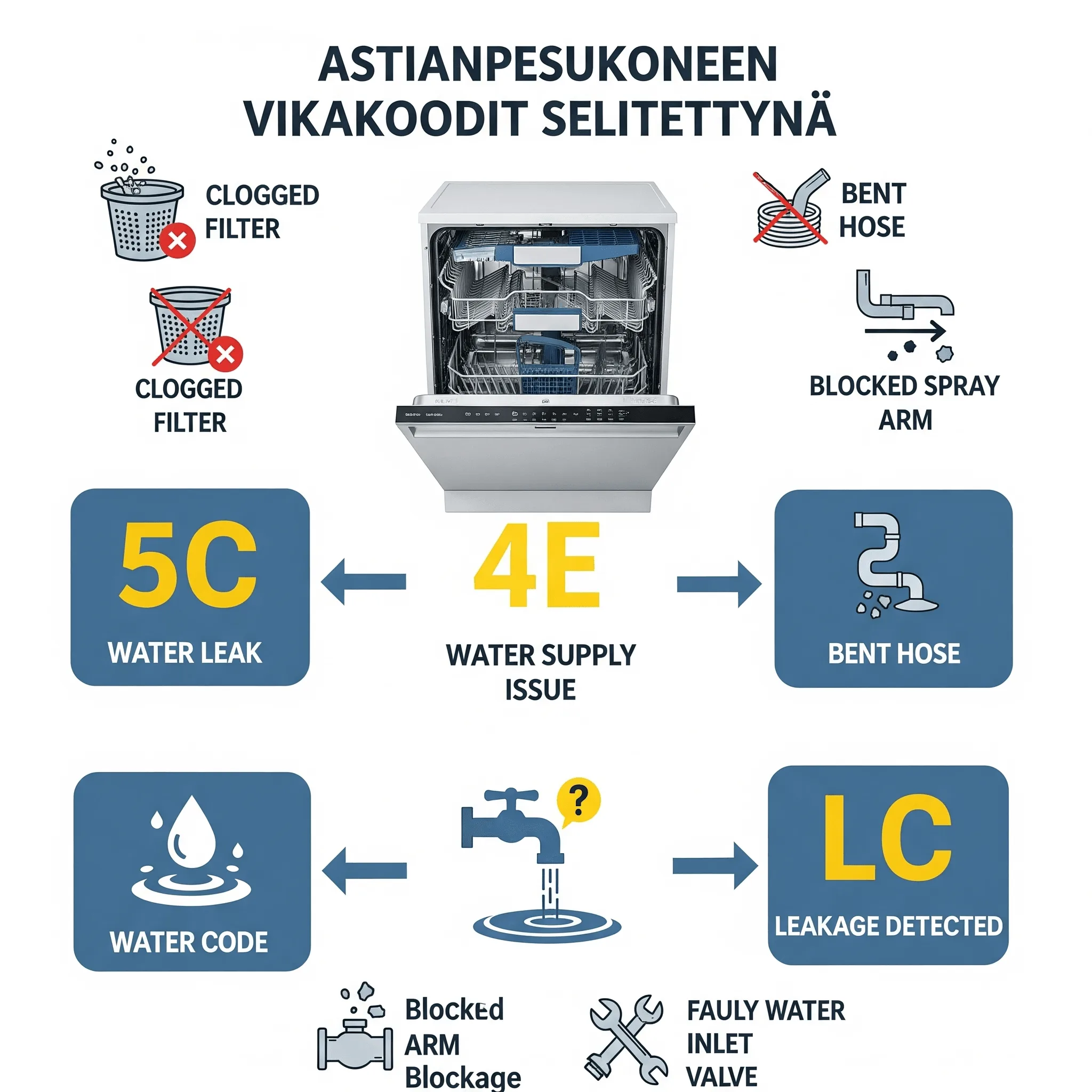 Astianpesukoneen vikakoodit 2026: 5C, E24, i20 — korjaus