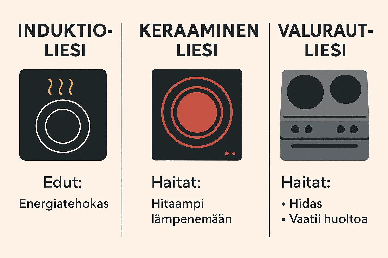 Induktio vs keraaminen vs valurauta 2026: paras liesi?