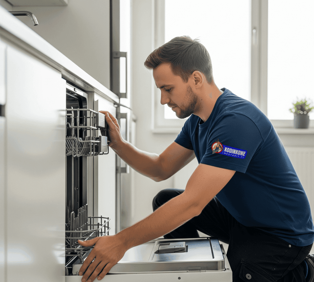 Asentaja asennuksessa asiakkaan kotona