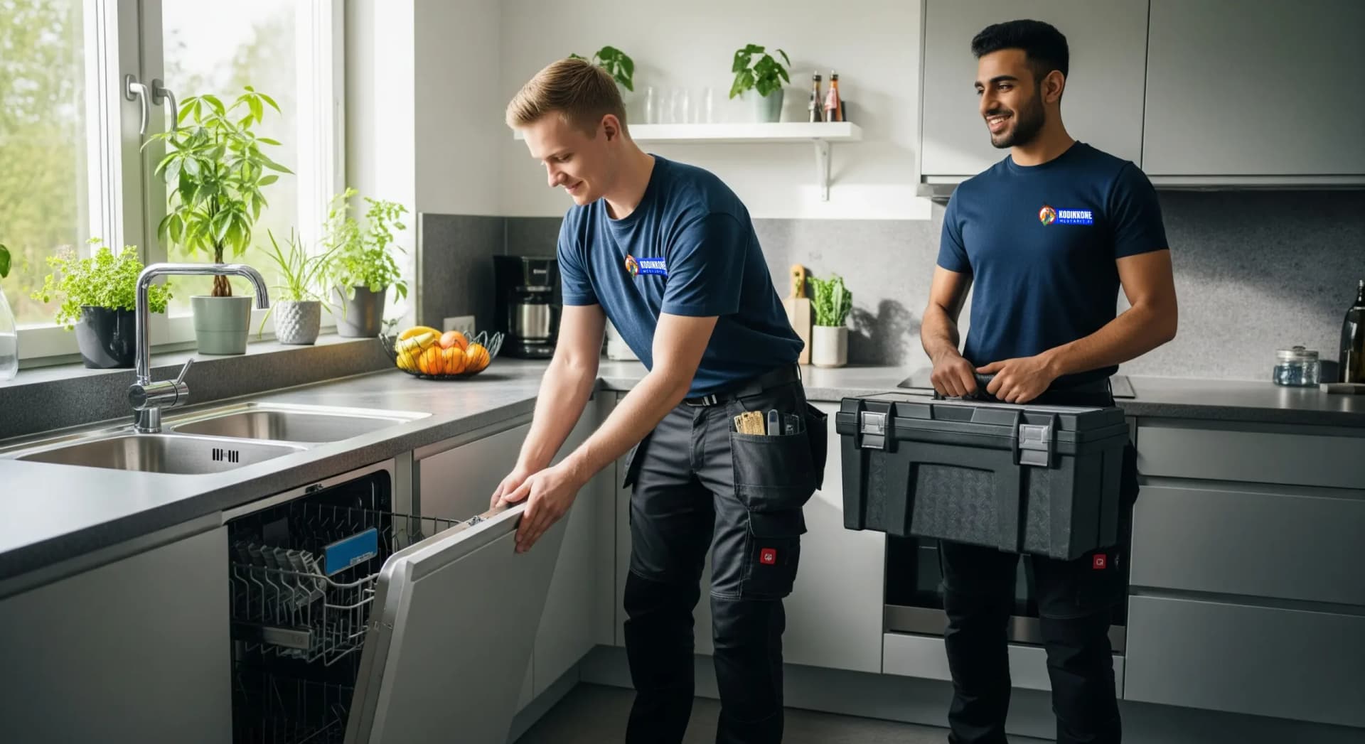 Kodinkonemestarit asentajat työssä