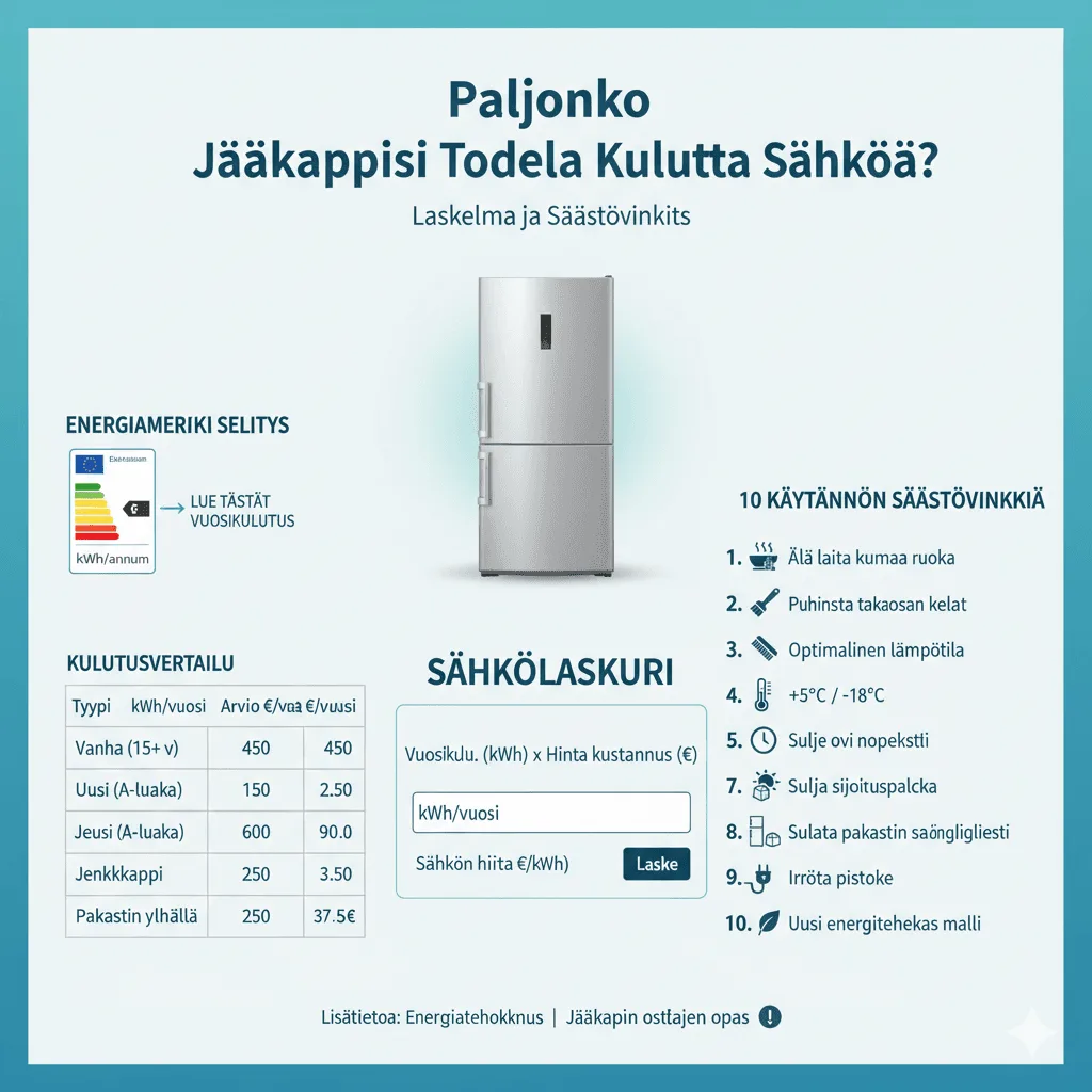 Jääkaapin sähkönkulutus 2026: laskelma + 7 säästövinkkiä