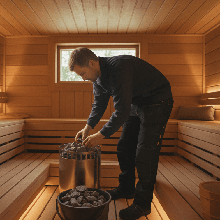 Ammattilainen vaihtamassa kiuaskiviä saunassa.