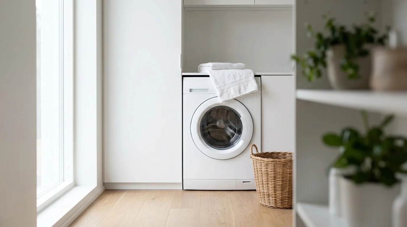 Premium pyykinpesukone modernissa suomalaisessa kodinhoitohuoneessa