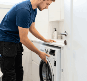 Asentaja suorittaa astian- ja pyykinpesukoneen asennusta.